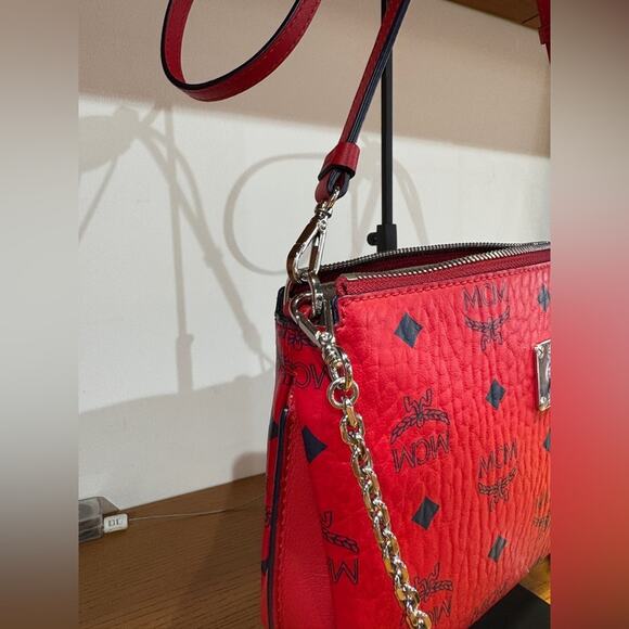 MCM Red Crossbody Bag with Metallic Accents - Picture 2 of 6